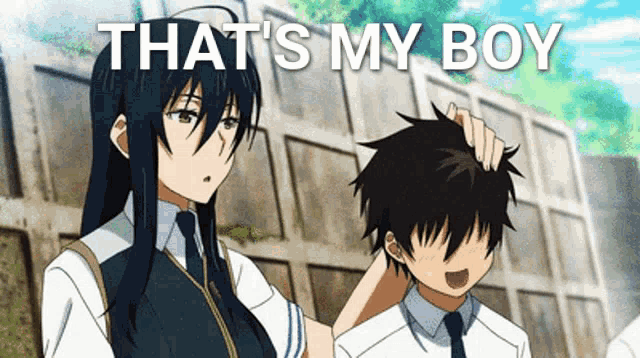 a girl petting a boy 's head with the words that 's my boy