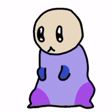 a cartoon drawing of a person with a purple blanket on