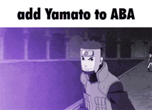 a black and white cartoon character with a purple background and the words add yamato to aba
