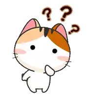 a calico cat with question marks above its head