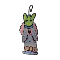 a child 's drawing of a green alien wearing a blue and pink outfit