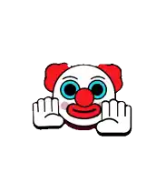 a cartoon clown with a red nose and blue eyes is making a peace sign .