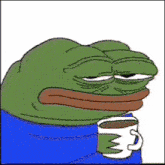 a green frog is holding a cup of coffee in his hand