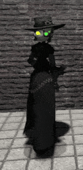 a cartoon character is standing in front of a brick wall wearing a black hat and a black cape .