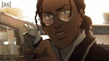 a cartoon of a man holding a gun with the letters [ as ] on the bottom