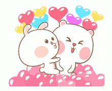 a cartoon of a bear and a rabbit kissing with hearts behind them