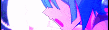 a close up of a person 's face with a pink and blue background