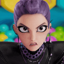 a close up of a cartoon character with purple hair making a funny face