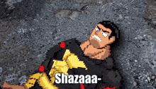 a pixel art of shazam laying on the ground with the caption shazaaa-