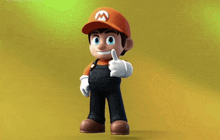 a cartoon character giving a thumbs up and wearing an orange hat with the letter m on it