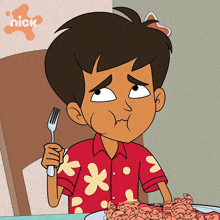 a cartoon of a boy holding a fork and a plate of food with a nick logo behind him