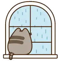 a cartoon cat is looking out of a window at the rain