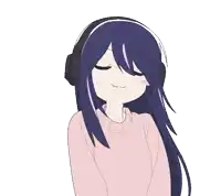 a girl with long black hair wearing headphones and a pink shirt