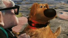 a cartoon dog with a red collar is sitting next to a man with glasses