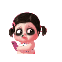 a little girl with black eyes is holding a cellphone
