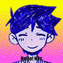 a drawing of a boy with blue hair is smiling and says hello nes .