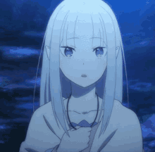 a girl with white hair and purple eyes is looking at the camera