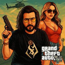 a man holding a gun next to a woman in a grand theft auto 5 advertisement