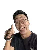 a man wearing glasses and braces is giving a thumbs up sign