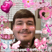 a man is surrounded by pink flowers and balloons and the word love is on the bottom