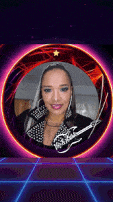 a picture of a woman in a circle with a guitar and the words voy & cinto