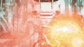 a man is standing in front of a building with a sword in his hand and a lot of fire coming out of it .