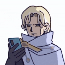 a cartoon drawing of a man holding a cell phone .