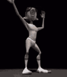 a cartoon man in underwear and socks is dancing on a black background .