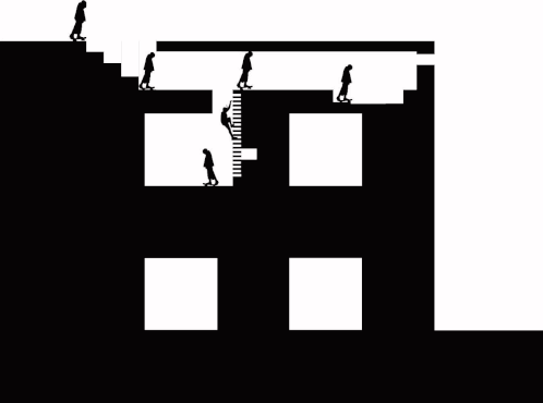 a black and white drawing of a building with people riding skateboards on it .