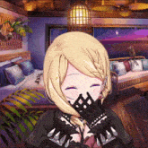 a girl with blonde hair and black gloves covering her mouth