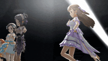 a girl in a purple dress is standing next to a girl in a white dress