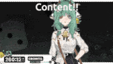 a girl with green hair and horns is standing in front of a screen that says " content "