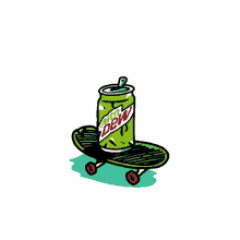 a can of mtn dew is sitting on top of a skateboard