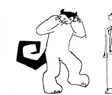 a black and white drawing of a person standing next to a large dog .