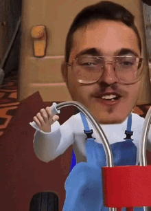 a man wearing glasses and blue overalls is riding a cart .