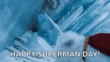 a man in a red cape is standing in front of a waterfall with the words `` happy superman day '' written on it .