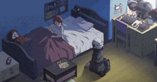 a cartoon drawing of a bedroom with a desk and two beds