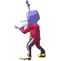 a pixel art of a cartoon character with a television on his head
