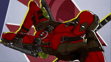 a cartoon drawing of deadpool laying on his back with a gun