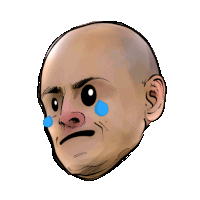 a cartoon drawing of a bald man with tears in his eyes