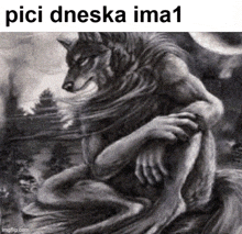 a black and white drawing of a werewolf holding a woman