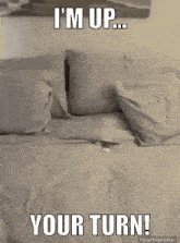 a picture of a bed with a caption that says `` i 'm up ... your turn '' .