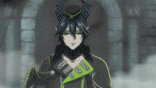 a cartoon character with horns and a green ribbon around his waist