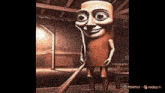 a cartoon character is standing in a dark room holding a broom and wearing a wooden costume .