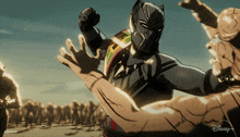 a cartoon of a black panther fighting a man with a disney logo in the background