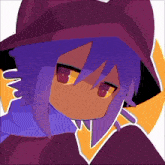 a drawing of a person with purple hair and yellow eyes