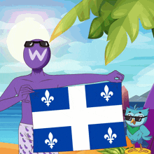 a man with a w on his head holds a flag