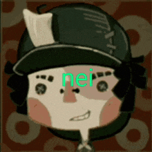 a cartoon drawing of a person wearing a hat with the word nei written on it .