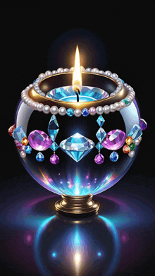 a candle in a glass bowl with pearls and jewels around it
