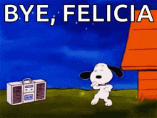 a cartoon of snoopy dancing in front of a radio with the words `` bye , felicia '' .